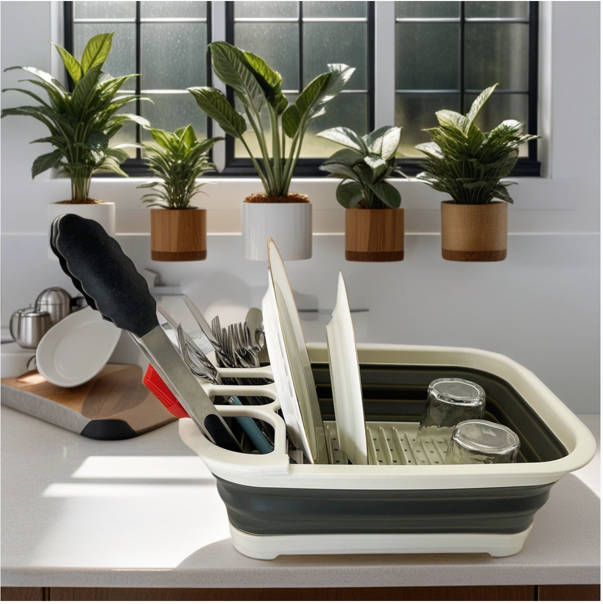 SAMMART Collapsible Dish Drainer with Drainer Board - Foldable Drying Rack Set - Portable Dinnerware Organizer - Space Saving Kitchen Storage Tray