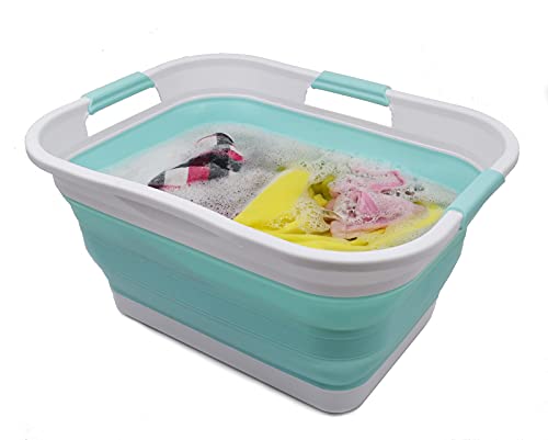 SAMMART Set of 2 Collapsible Plastic Laundry Basket + Collapsible Washing Tub - Foldable Pop Up Storage Container/Organizer - Portable Washing Tub - Space Saving Hamper/Basket
