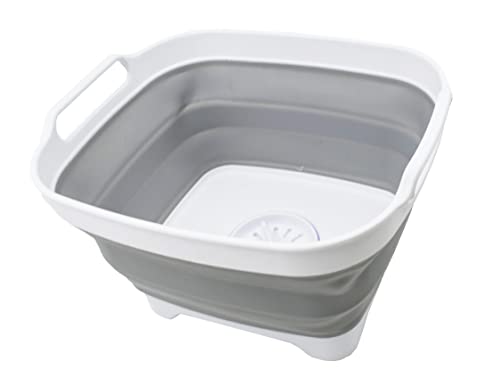 SAMMART 7.5L (2 Gallons) Collapsible Dishpan with Draining Plug - Foldable Washing Basin - Portable Dish Washing Tub - Space Saving Kitchen Storage Tray