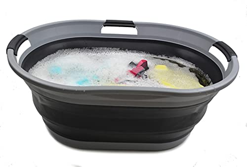 SAMMART Set of 2-44L (11.6 gallon) Collapsible 3 handled Plastic Laundry Basket - Oval Tub/Basket - Foldable Storage Container/Organizer - Portable Washing Tub - Space Saving Laundry Hamper