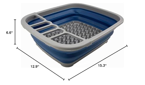 SAMMART 8L (2.11Gallons) Collapsible Plastic Dish Drainer - Foldable Drying Rack - Portable Dinnerware Organizer - Space Saving Kitchen Utensil Storage Tray (Grey/Mist Blue)