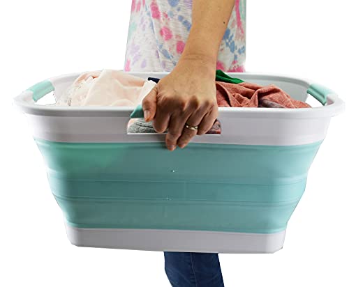 SAMMART Set of 2 Collapsible Plastic Laundry Basket + Collapsible Washing Tub - Foldable Pop Up Storage Container/Organizer - Portable Washing Tub - Space Saving Hamper/Basket