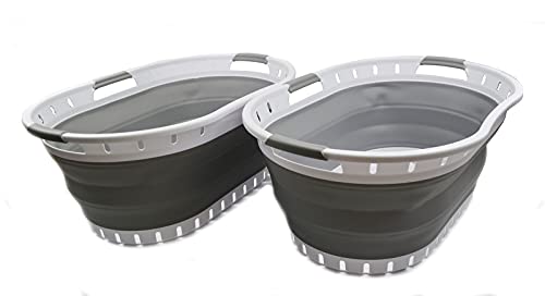 SAMMART Set of 2 - 44L (11.6 gallon) Collapsible 3 handled Plastic Laundry Basket - Oval Tub / Basket - Foldable Storage Container / Organizer - Portable Washing Tub - Space Saving Laundry Hamper, Water capacity: 35L (9.5 gallon)