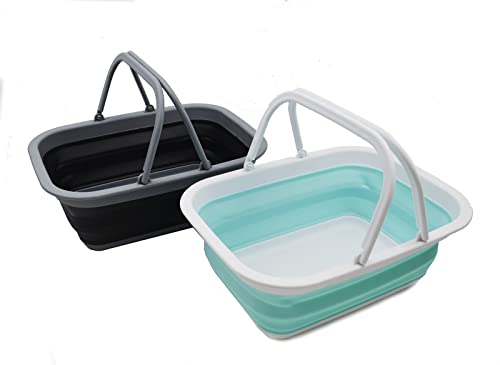 SAMMART 9.2L (2.37Gallon) Collapsible Tub with Handle 2 pcs Box Set - Portable Outdoor Picnic Basket - Foldable Shopping Bag - Space Saving Storage Container