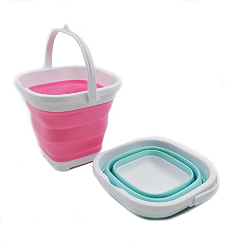 SAMMART 2.6L (0.68 Gallon) Super Mini Sqare Collapsible Plastic Bucket - Foldable Square Tub - Portable Fishing Water Pail - 2 Pieces Box Pack (Lake Green & Pink)