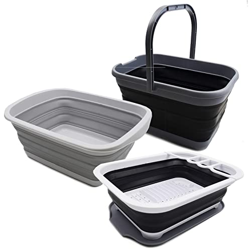 SAMMART Set of 3 Collapsible Tub & Dish Tray & Bucket - Portable Outdoor Picnic Basket/Crater - Foldable Shopping Bag - Space Saving Storage Container