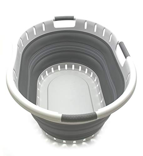 SAMMART 57L (15 Gallons) Collapsible 3-Handled Plastic Laundry Basket - Oval Tub - Portable Washing Tub - Pop up Laundry Hamper (1 pc - Oval, Dark Grey)