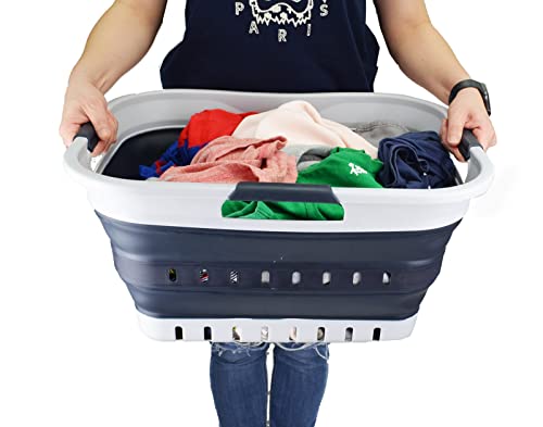 SAMMART 30L (8 gallon) Collapsible 3 Handled Plastic Laundry Basket - Foldable Pop Up Storage Container/Organizer - Portable Washing Tub - Space Saving Hamper/Basket