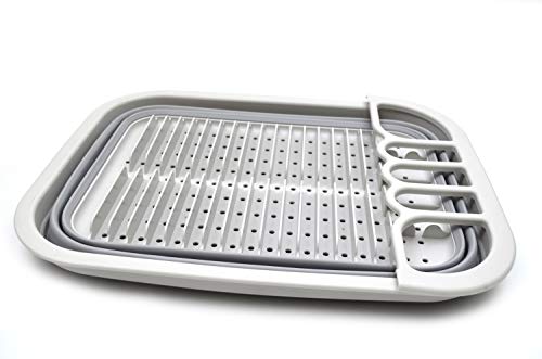 SAMMART Set of 2 Collapsible Dish Drainer with Drainer Board - Foldable Drying Rack Set - Portable Dinnerware Organizer - Space Saving Kitchen Storage Tray