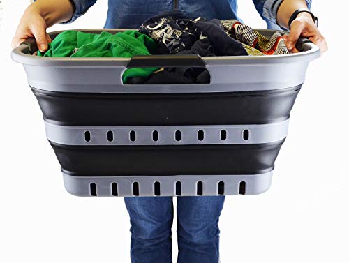 SAMMART Set of 2 Collapsible Plastic Laundry Basket + Collapsible Washing Tub - Foldable Pop Up Storage Container/Organizer - Portable Washing Tub - Space Saving Hamper/Basket