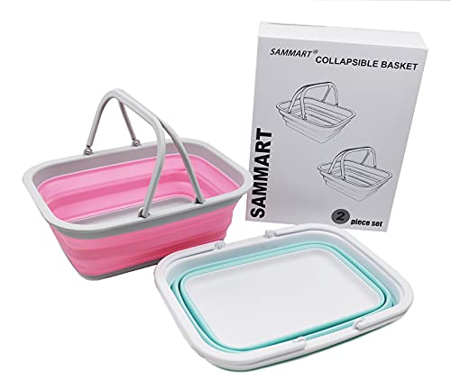 SAMMART 9.2L (2.37Gallon) Collapsible Tub with Handle 2 pcs Box Set - Portable Outdoor Picnic Basket - Foldable Shopping Bag - Space Saving Storage Container
