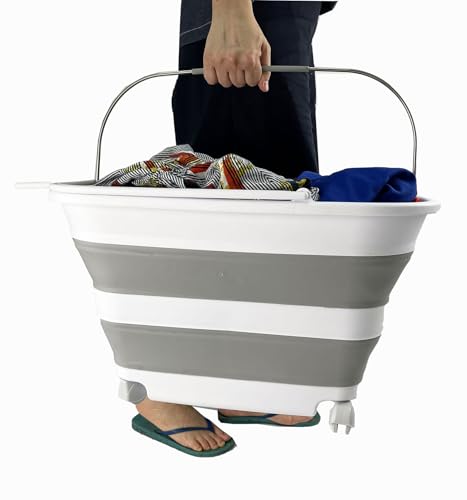 SAMMART 35L (9.24 Gallons) Collapsible Plastic Laundry Basket with Handle and Wheels - Foldable Pop Up Storage Container/Washing Tub - Space Saving