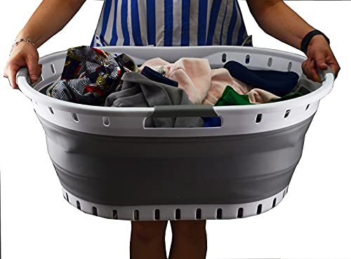 SAMMART Set of 2 - 44L (11.6 gallon) Collapsible 3 handled Plastic Laundry Basket - Oval Tub / Basket - Foldable Storage Container / Organizer - Portable Washing Tub - Space Saving Laundry Hamper, Water capacity: 35L (9.5 gallon)