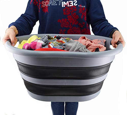 SAMMART 36L (9.5 gallon) Collapsible Plastic Laundry Basket - Oval Tub/Basket - Foldable Storage Container/Organizer - Portable Washing Tub - Space Saving Laundry Hamper, Water Capacity: 28L (7.4 gallon)