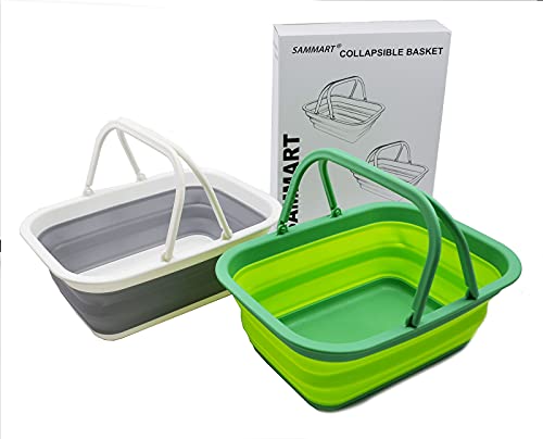 SAMMART 9.2L (2.37Gallon) Collapsible Tub with Handle 2 pcs Box Set - Portable Outdoor Picnic Basket - Foldable Shopping Bag - Space Saving Storage Container