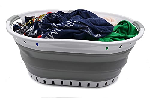 SAMMART Set of 2 - 44L (11.6 gallon) Collapsible 3 handled Plastic Laundry Basket - Oval Tub / Basket - Foldable Storage Container / Organizer - Portable Washing Tub - Space Saving Laundry Hamper, Water capacity: 35L (9.5 gallon)