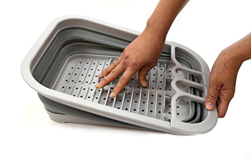 SAMMART 2pcs Kitchen & Outdoor Set : Collapsible Dish Drainer & 7.7L Collapsible Plastic Tub/Basin (2, Grey+Green)