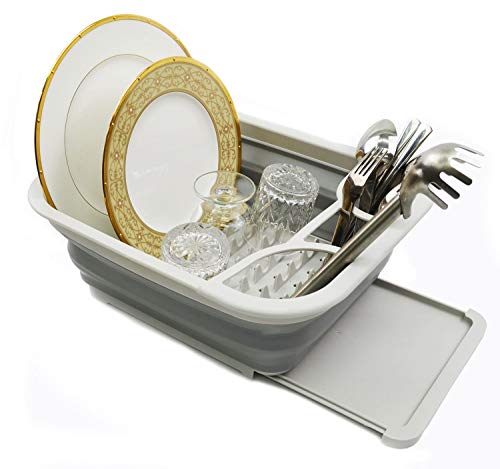 SAMMART Collapsible Dish Drainer with Drainer Board - Foldable Drying Rack Set - Portable Dinnerware Organizer - Space Saving Kitchen Storage Tray