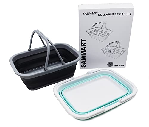 SAMMART 9.2L (2.37Gallon) Collapsible Tub with Handle 2 pcs Box Set - Portable Outdoor Picnic Basket - Foldable Shopping Bag - Space Saving Storage Container