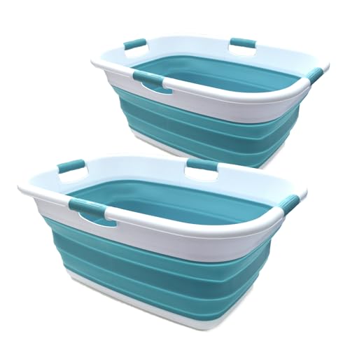 SAMMART 49L(12.9 gallon)Collapsible 4 Handled Laundry Basket-Foldable Storage Container-Portable Washing Bin-Space Saving-Pet Bath Tub,Water capacity 37L(9.7 gallon) (2 pcs - Rectangular, Bright Blue)