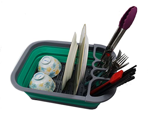 SAMMART Collapsible Dish Drainer with Drainer Board - Foldable Drying Rack Set - Portable Dinnerware Organizer - Space Saving Kitchen Storage Tray