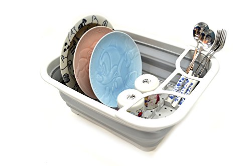 SAMMART Collapsible Dish Drainer with Drainer Board - Foldable Drying Rack Set - Portable Dinnerware Organizer - Space Saving Kitchen Storage Tray