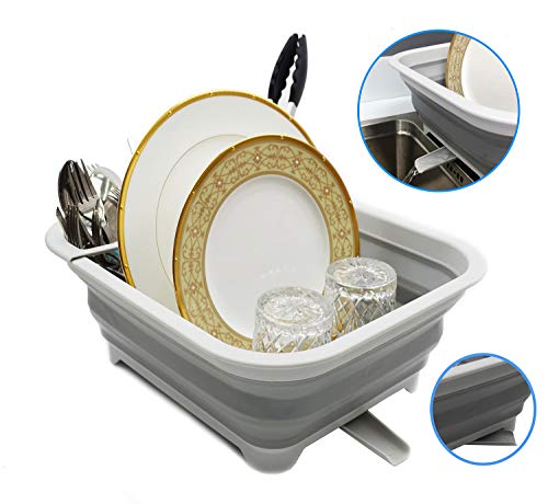 SAMMART 8.5L (2.2 gallons) Collapsible Plastic Dish Drainer - Foldable Drying Rack with Swivel Spout - Portable Dinnerware Organizer - Pop Up Kitchen Storage