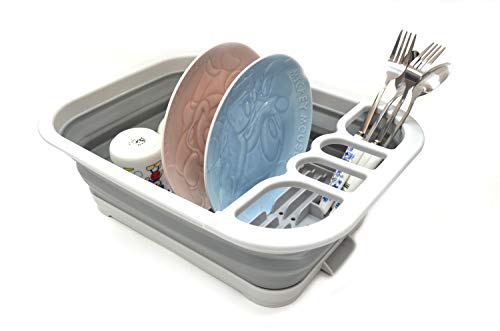 SAMMART 2pcs Kitchen & Outdoor Set : Collapsible Dish Drainer & 7.7L Collapsible Plastic Tub/Basin (2, Grey+Green)