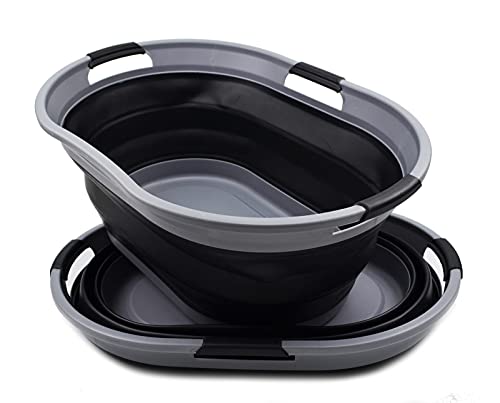 SAMMART Set of 2-44L (11.6 gallon) Collapsible 3 handled Plastic Laundry Basket - Oval Tub/Basket - Foldable Storage Container/Organizer - Portable Washing Tub - Space Saving Laundry Hamper