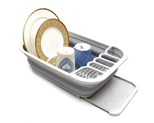 SAMMART Set of 2 Collapsible Dish Drainer with Drainer Board - Foldable Drying Rack Set - Portable Dinnerware Organizer - Space Saving Kitchen Storage Tray