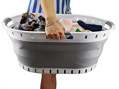 SAMMART Set of 2 - 44L (11.6 gallon) Collapsible 3 handled Plastic Laundry Basket - Oval Tub / Basket - Foldable Storage Container / Organizer - Portable Washing Tub - Space Saving Laundry Hamper, Water capacity: 35L (9.5 gallon)