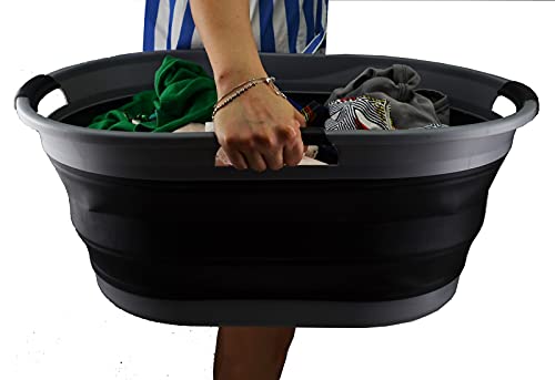 SAMMART Set of 2-44L (11.6 gallon) Collapsible 3 handled Plastic Laundry Basket - Oval Tub/Basket - Foldable Storage Container/Organizer - Portable Washing Tub - Space Saving Laundry Hamper