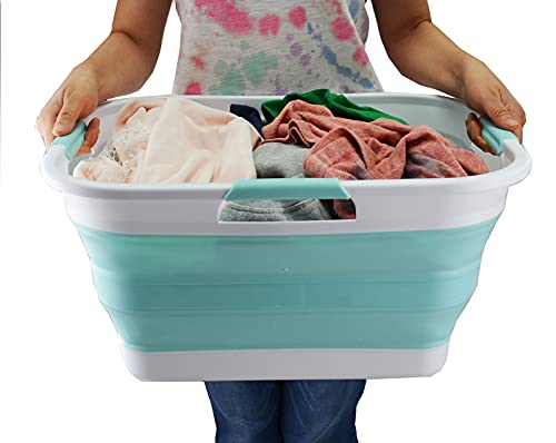 SAMMART Set of 2 Collapsible Plastic Laundry Basket + Collapsible Washing Tub - Foldable Pop Up Storage Container/Organizer - Portable Washing Tub - Space Saving Hamper/Basket
