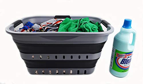 SAMMART Set of 2 Collapsible Plastic Laundry Basket + Collapsible Washing Tub - Foldable Pop Up Storage Container/Organizer - Portable Washing Tub - Space Saving Hamper/Basket