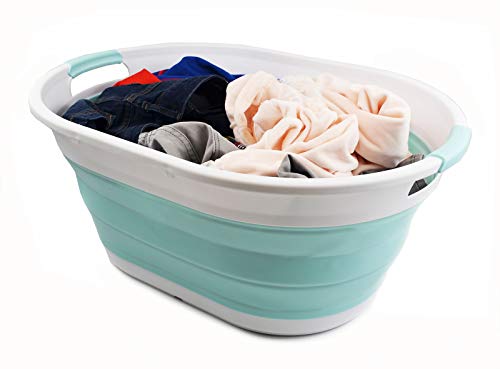 SAMMART 39L(10.3 gallon) Collapsible Plastic Laundry Basket - Oval Tub/Basket - Foldable Storage Container-Portable Washing Tub - Space Saving Laundry Hamper, Water capacity: 30L (7.9 gallon)