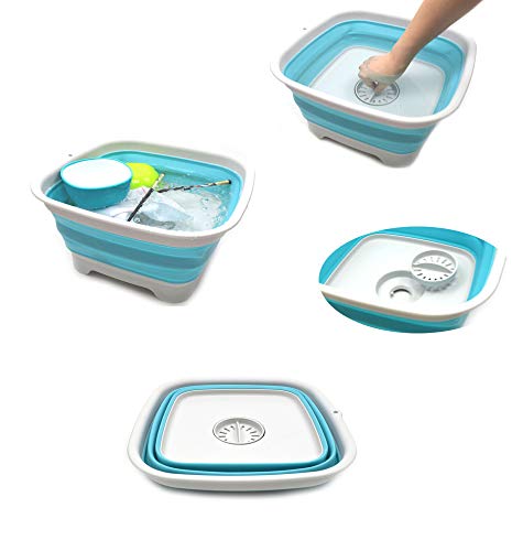 SAMMART 9.3L (2.46Gallon) Collapsible Dishpan with Draining Plug - Foldable Washing Basin - Portable Dish Washing Tub - Space Saving Kitchen Storage Tray