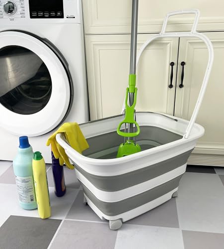 SAMMART 35L (9.24 Gallons) Collapsible Plastic Laundry Basket with Handle and Wheels - Foldable Pop Up Storage Container/Washing Tub - Space Saving