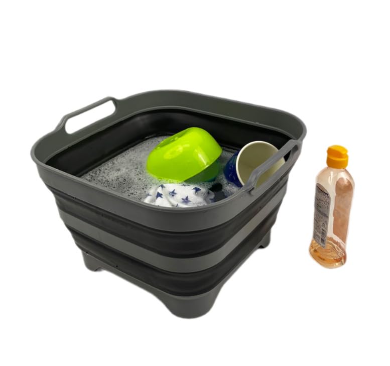 SAMMART 10L (2.64 Gallon) Collapsible Dishpan with Draining Plug-Foldable Washing Basin-Portable Dish Washing Tub-Space Saving Kitchen Storage Tray for Camping & RV