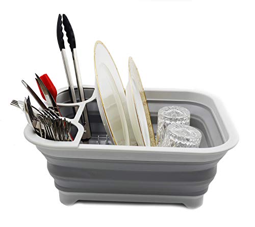 SAMMART 8.5L (2.2 gallons) Collapsible Plastic Dish Drainer - Foldable Drying Rack with Swivel Spout - Portable Dinnerware Organizer - Pop Up Kitchen Storage