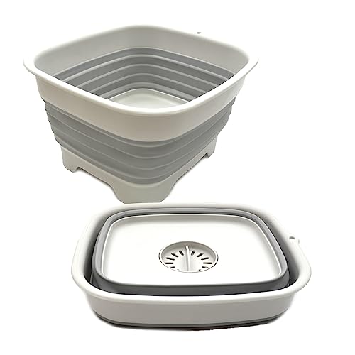 SAMMART 9.1L (2.4Gallon) Collapsible Dishpan with Draining Plug - Foldable Washing Basin - Portable Dish Washing Tub - Space Saving Kitchen Storage Tray