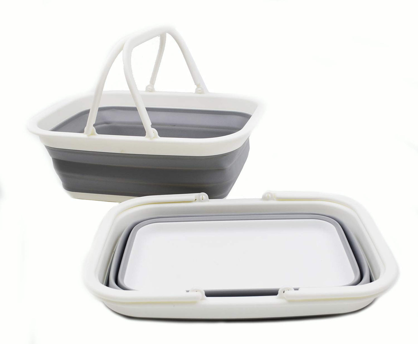 SAMMART 9.2L (2.37Gallon) Collapsible Tub with Handle - Portable Outdoor Picnic Basket/Crater - Foldable Shopping Bag - Space Saving Storage Container (2, White/Grey)