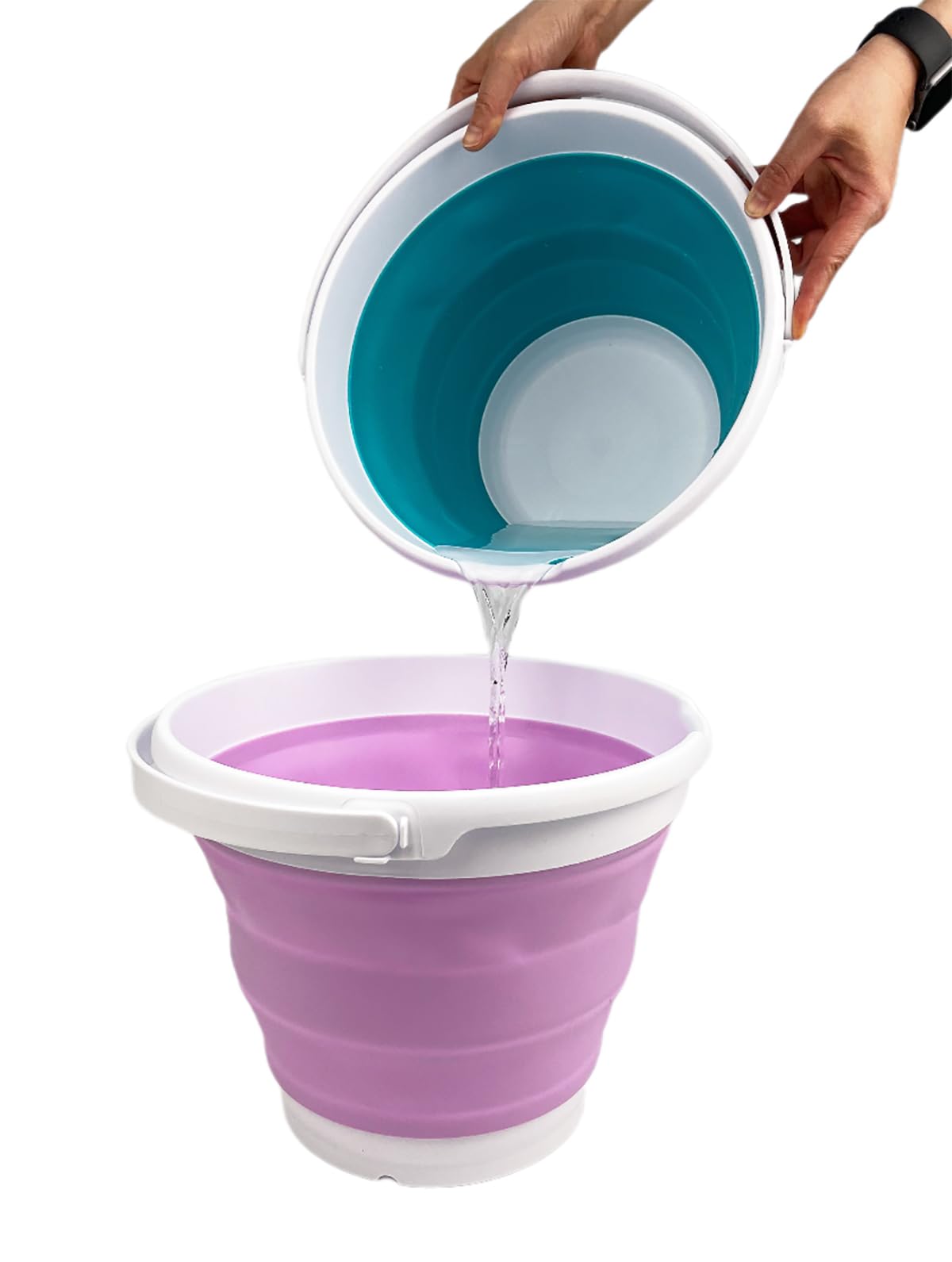 SAMMART Collapsible Plastic Bucket - Foldable Round Tub with Handle - Pop Up Saving (White/Pale Purple, 10L)
