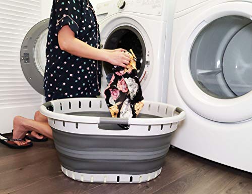 SAMMART 57L (15 Gallons) Collapsible 3-Handled Plastic Laundry Basket - Oval Tub - Portable Washing Tub - Pop up Laundry Hamper (1 pc - Oval, Dark Grey)