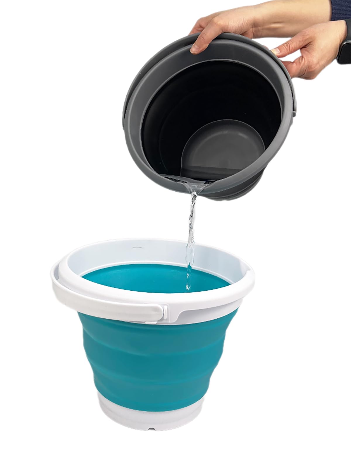 SAMMART Collapsible Plastic Bucket - Foldable Round Tub with Handle - Pop Up Saving (White/Ceramic Blue, 5.5L)