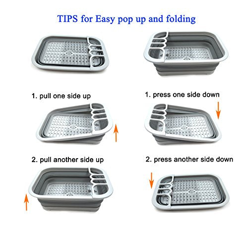 SAMMART Set of 2 Collapsible Dish Drainer with Drainer Board - Foldable Drying Rack Set - Portable Dinnerware Organizer - Space Saving Kitchen Storage Tray