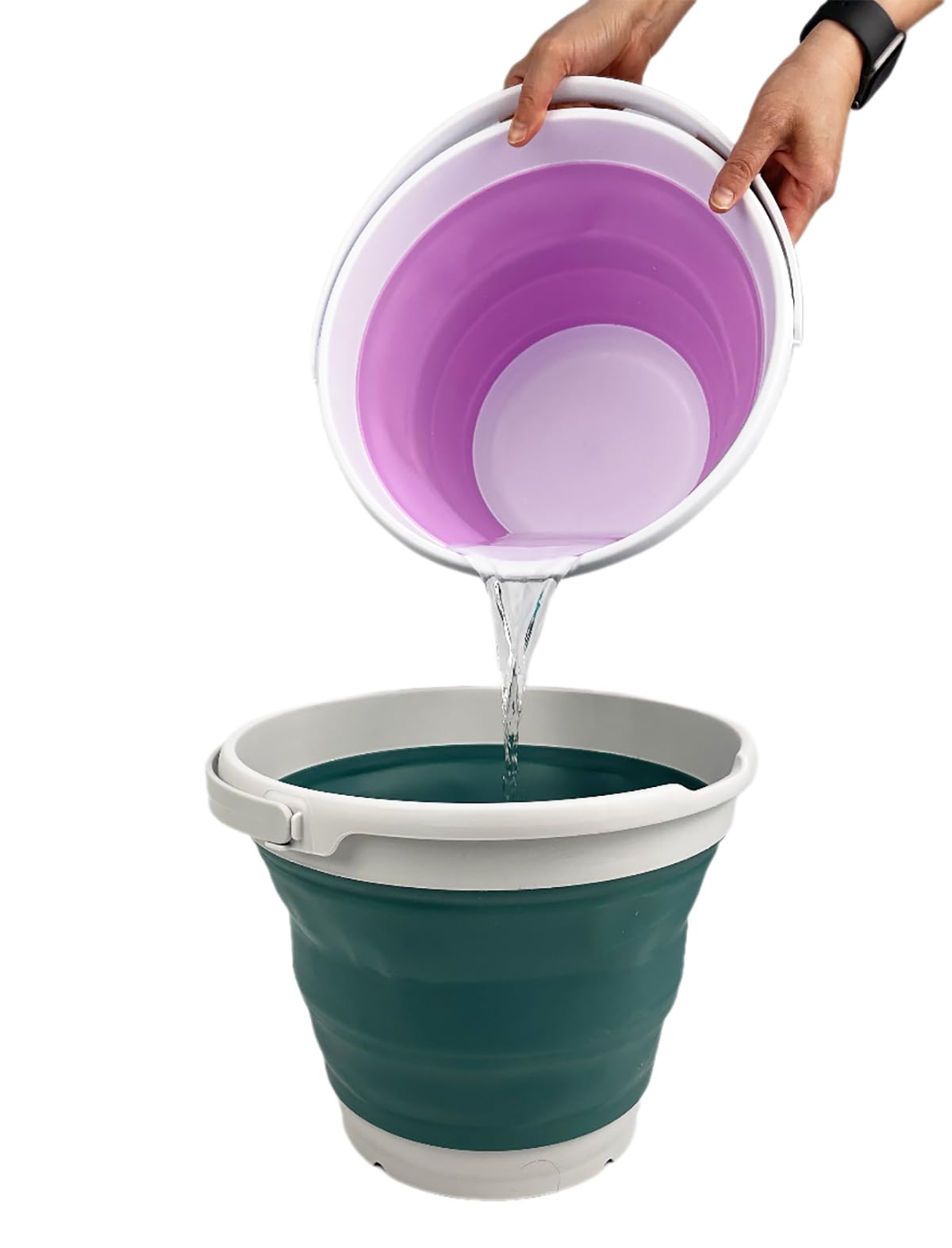 SAMMART Collapsible Plastic Bucket - Foldable Round Tub with Handle - Pop Up Saving (Grey/Jade Crystal, 10L)