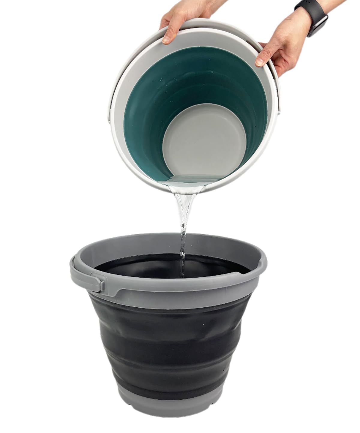 SAMMART Collapsible Plastic Bucket - Foldable Round Tub with Handle - Pop Up Saving (Grey/Black, 10L)