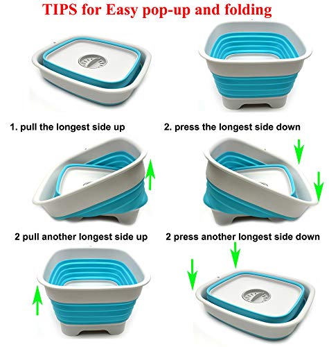 SAMMART 9.1L (2.4Gallon) Collapsible Dishpan with Draining Plug - Foldable Washing Basin - Portable Dish Washing Tub - Space Saving Kitchen Storage Tray