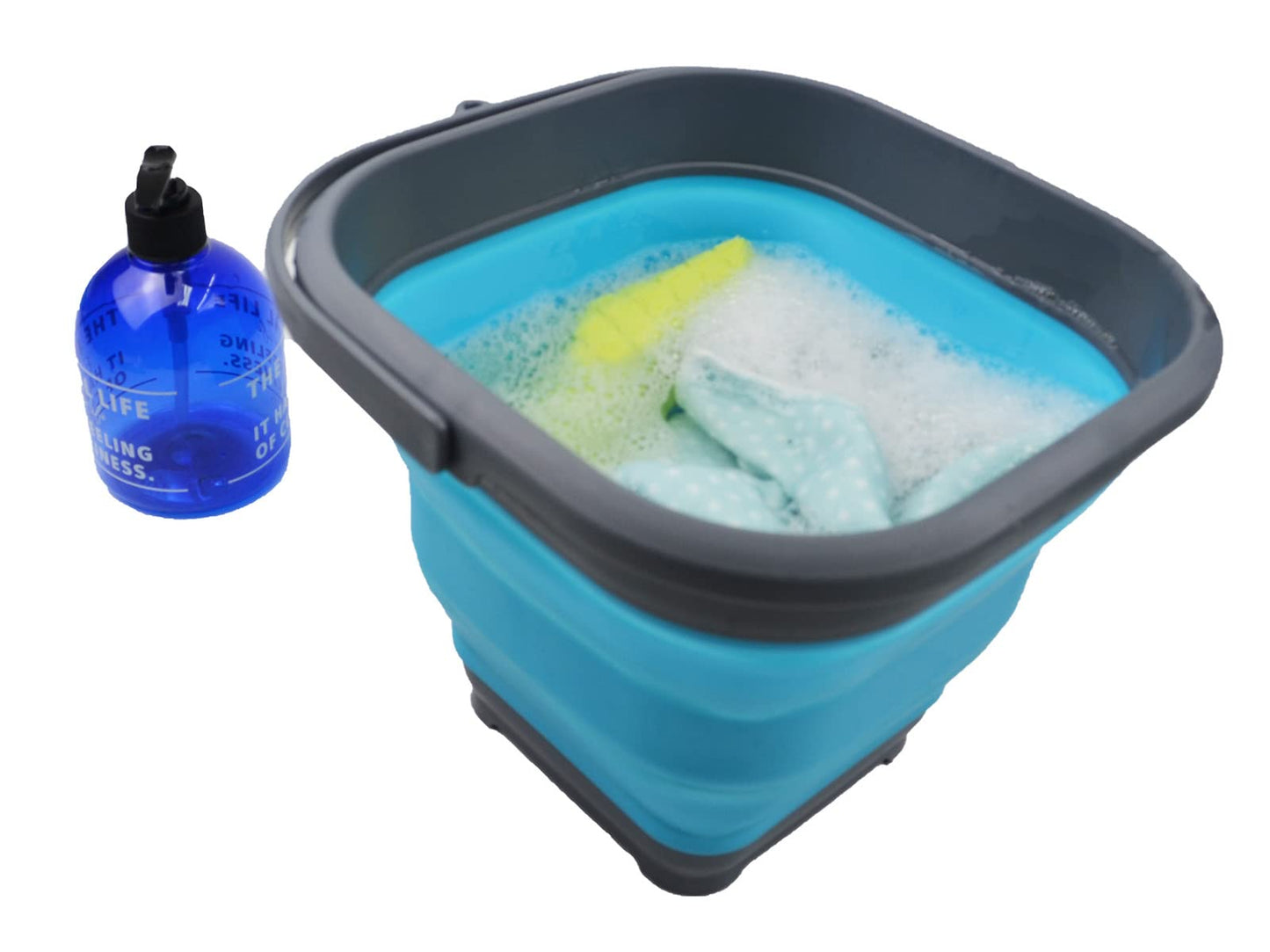 SAMMART Collapsible Plastic Bucket - Foldable Tub - Portable Fishing Water Pail - Space Saving Outdoor Waterpot (Grey/Ocean Blue, 5.5L Square)