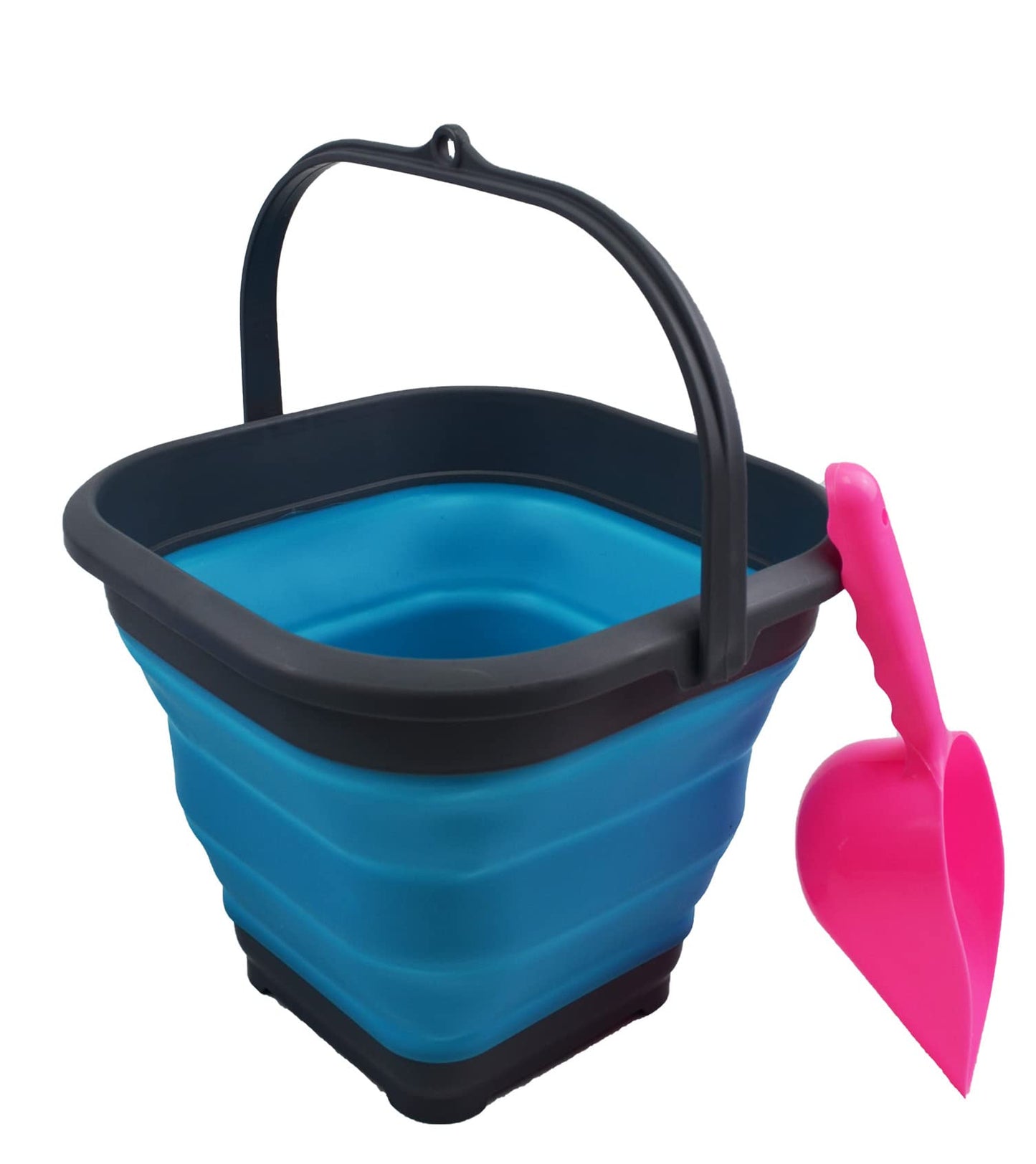 SAMMART Collapsible Plastic Bucket - Foldable Tub - Portable Fishing Water Pail - Space Saving Outdoor Waterpot (Grey/Ocean Blue, 5.5L Square)